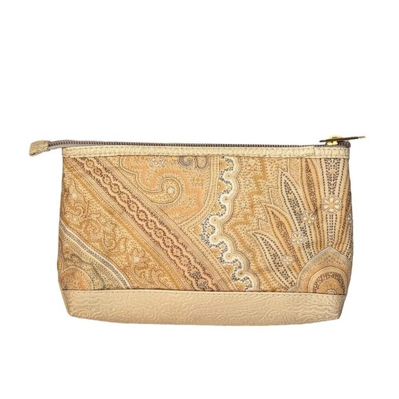 ETRO Cosmetic Make Up Bag Beige Tan Paisley Embossed Faux Leather - Picture 3 of 10